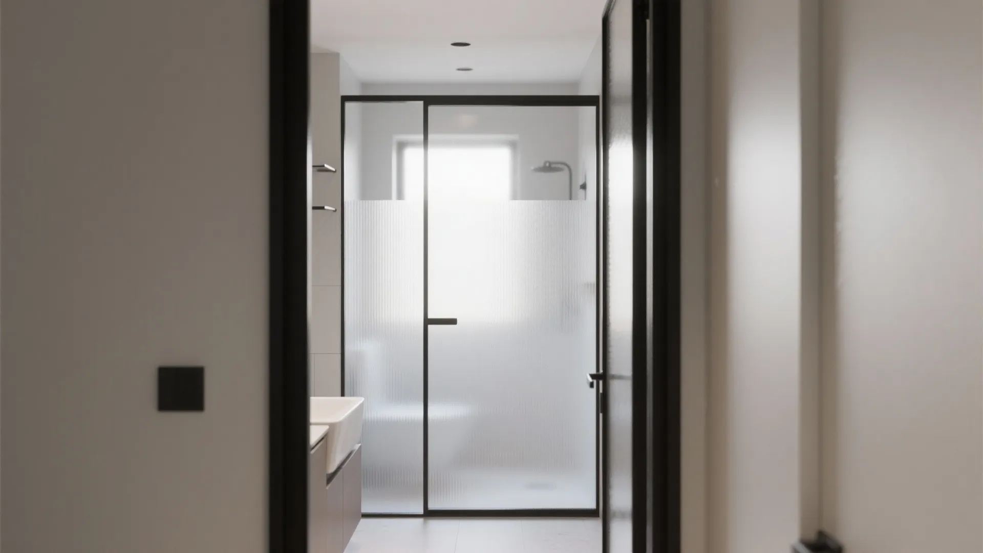 Frosted glass bathroom door with black frame showing a blurry view of toilet and sink
