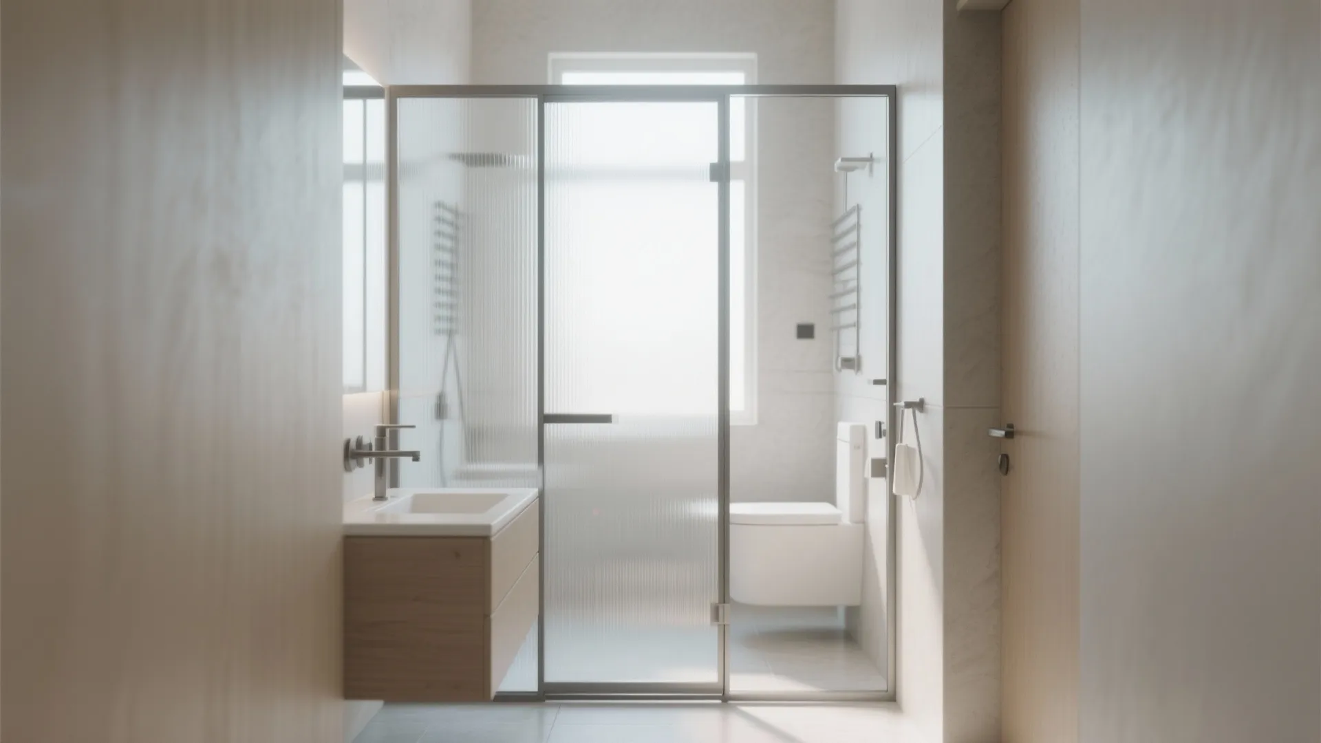 Modern bathroom with frosted glass shower door, wooden cabinet, white sink, and bright window light
