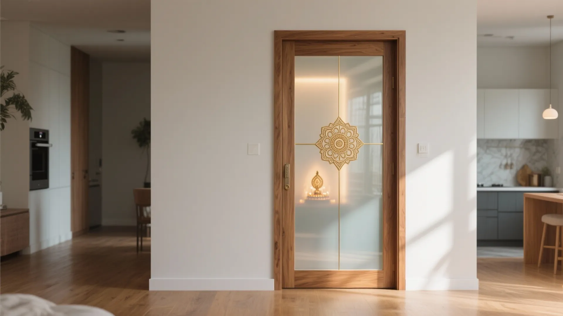Oak-framed frosted glass pooja door with thin brass mandala inlay.