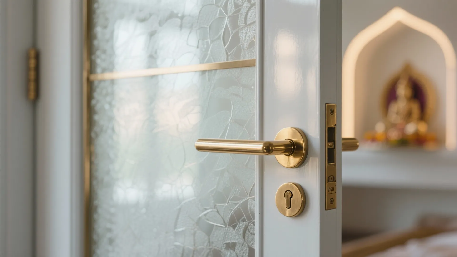 Close up of white door with frosted glass golden handle and lock in a bright room