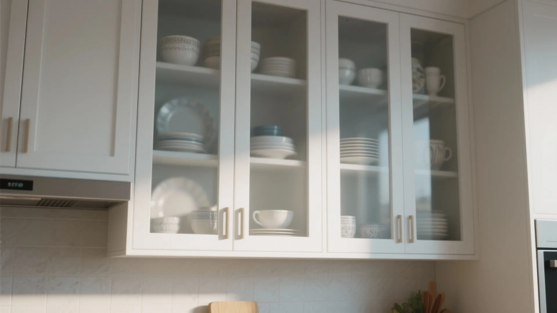 White kitchen wall cabinet with frosted glass doors showing neatly organized white ceramic plates and bowls