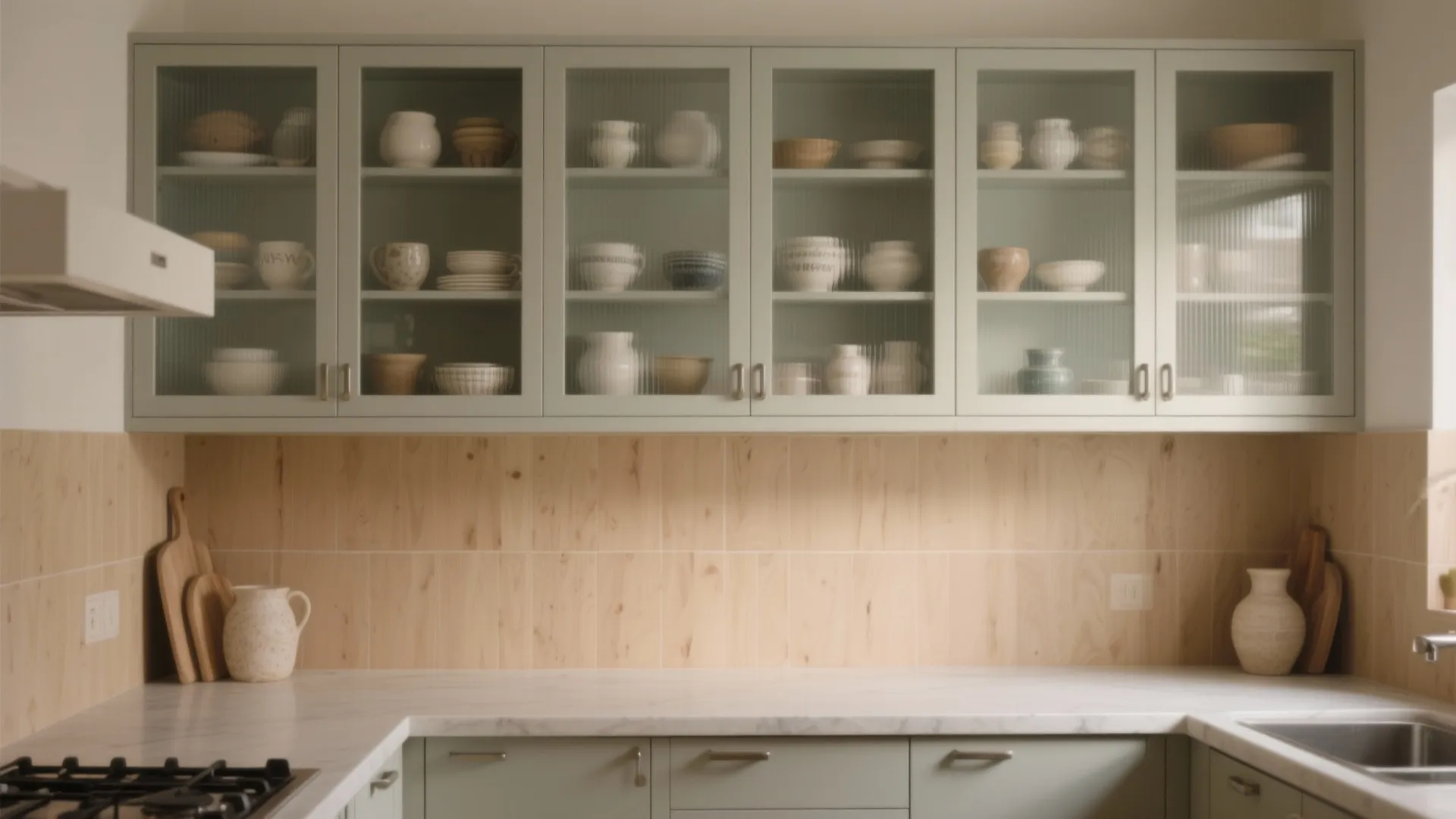 Light green kitchen cabinets with glass doors showing ceramic bowls and wood panel wall backsplash