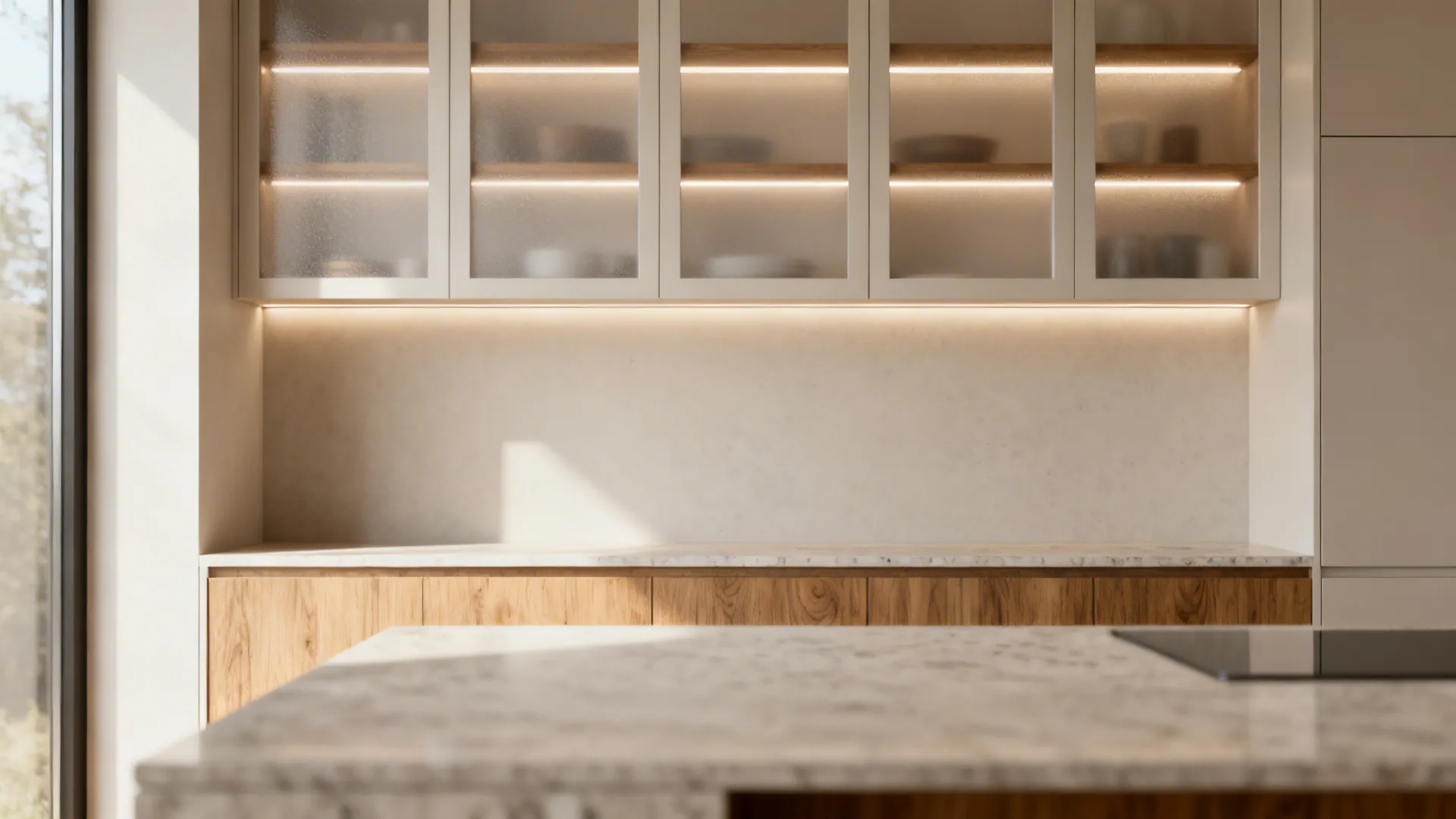 Frosted glass cabinet doors softly diffuse light for calm storage.