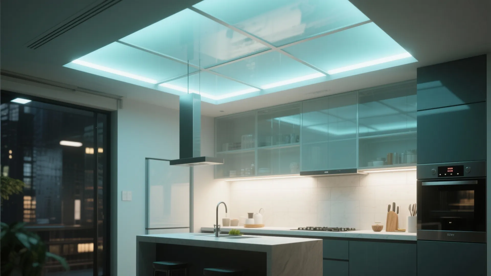Modern kitchen with large glowing blue ceiling light fixture green cabinets and marble kitchen island