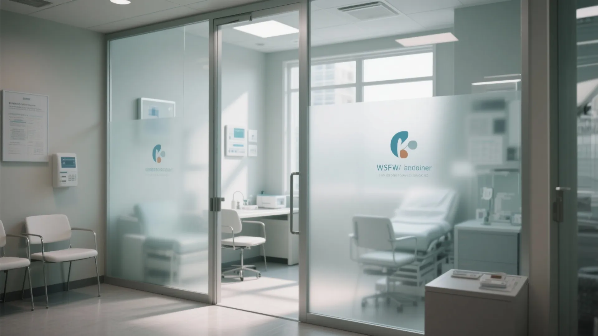 Clinic entrance with frosted glass sliding doors showing a private examination room with chairs and bed