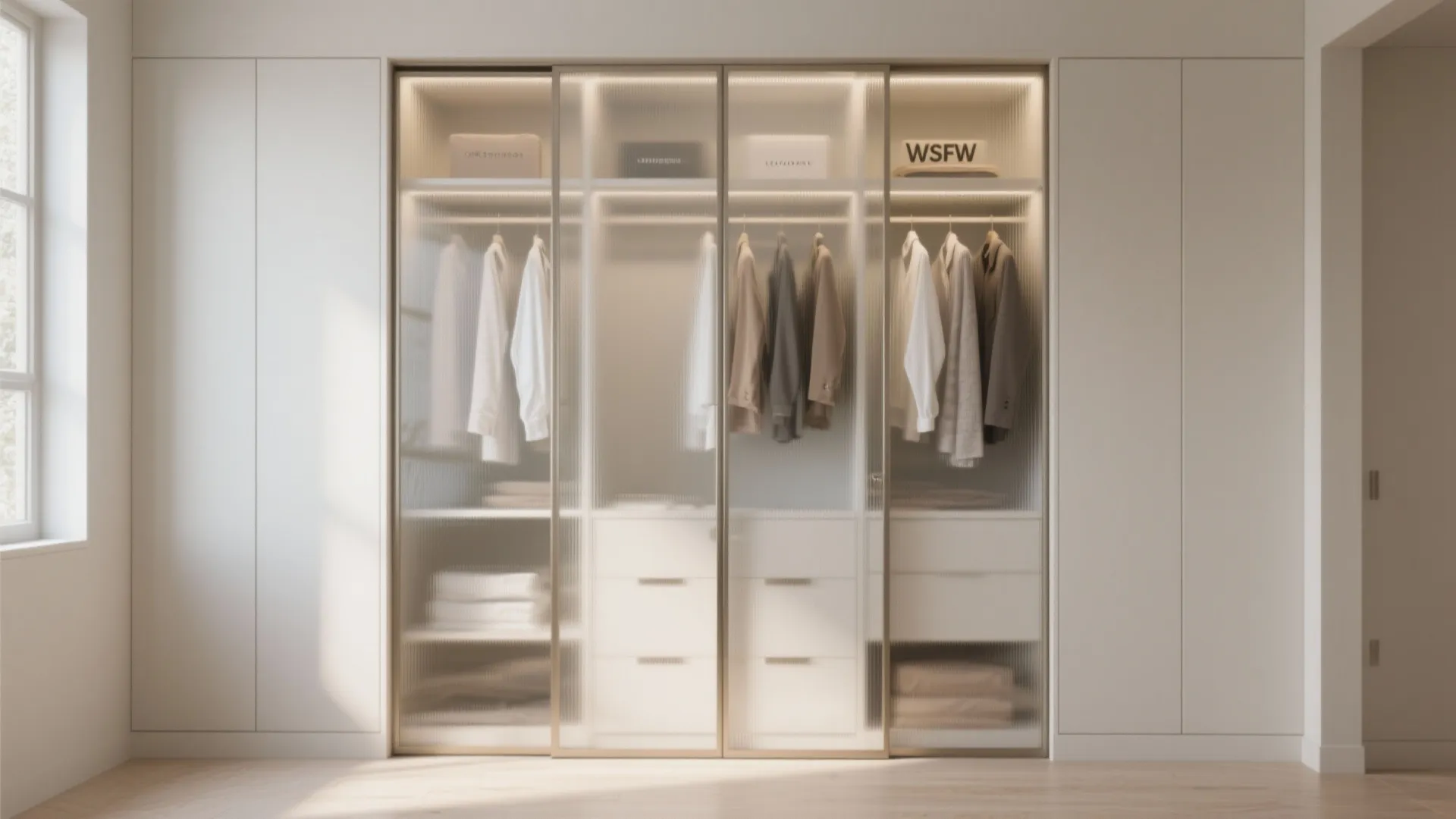 Modern white wardrobe with frosted glass sliding doors internal lighting hanging clothes and white wall background