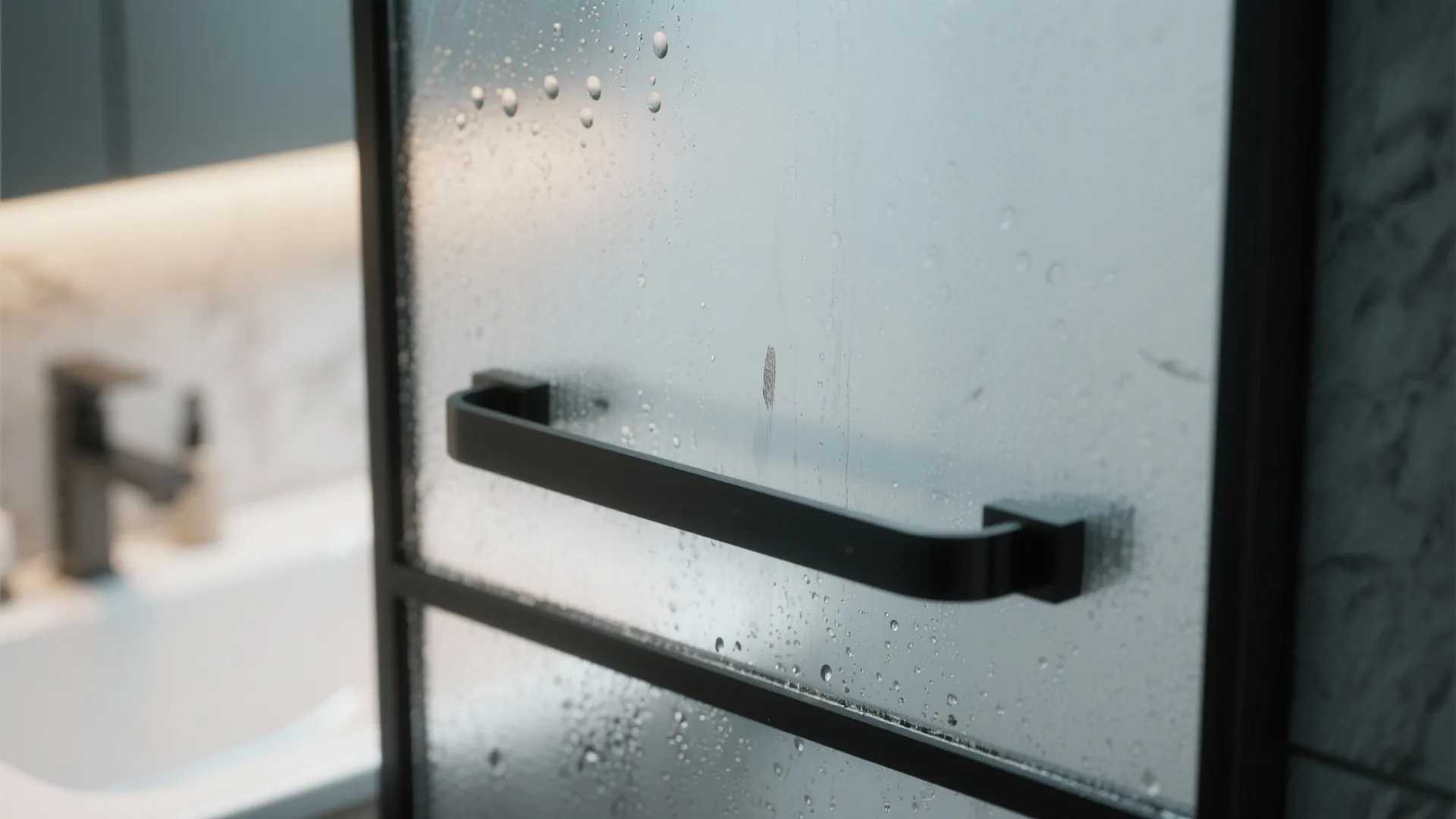 Black handle on a wet glass shower door with water drops in a modern bathroom
