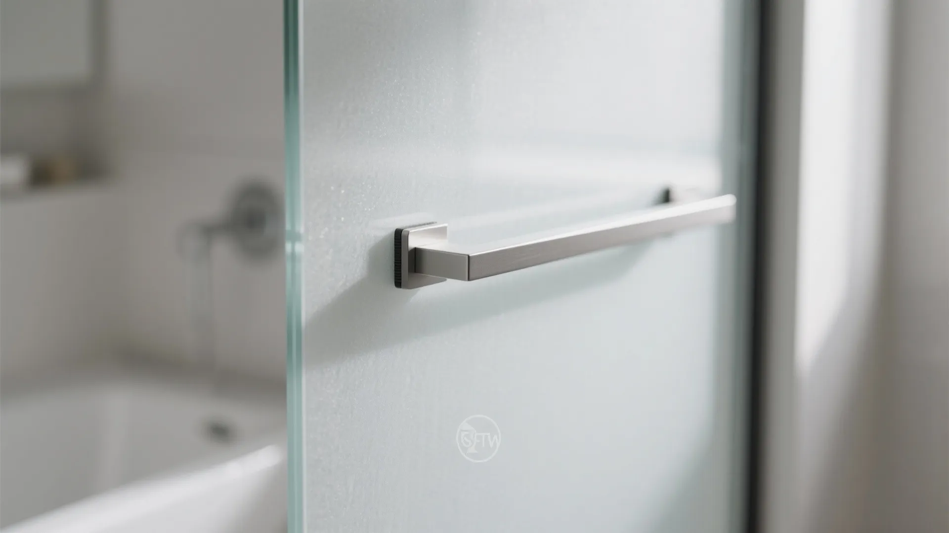 Macro view of frosted glass panel with brushed aluminum track and minimal handle.