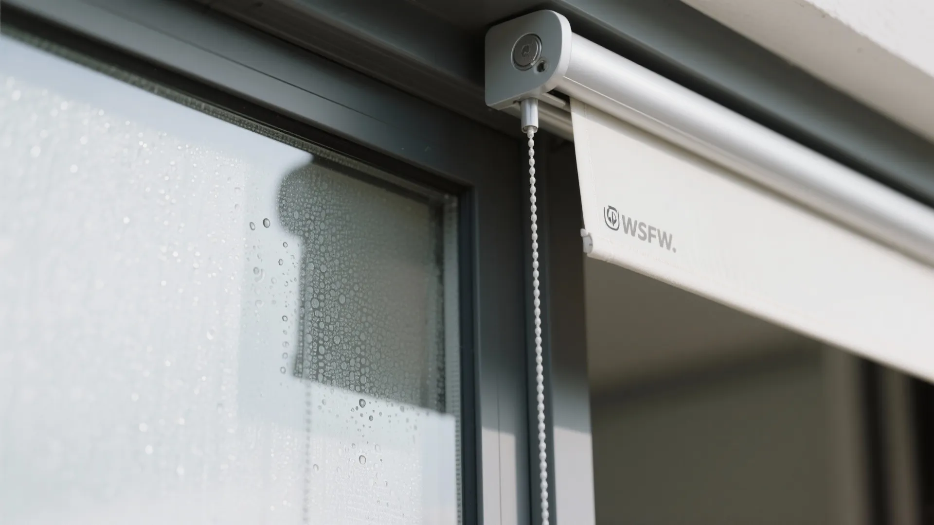 Close up showing a window with water drops and white roller curtain with pull chain