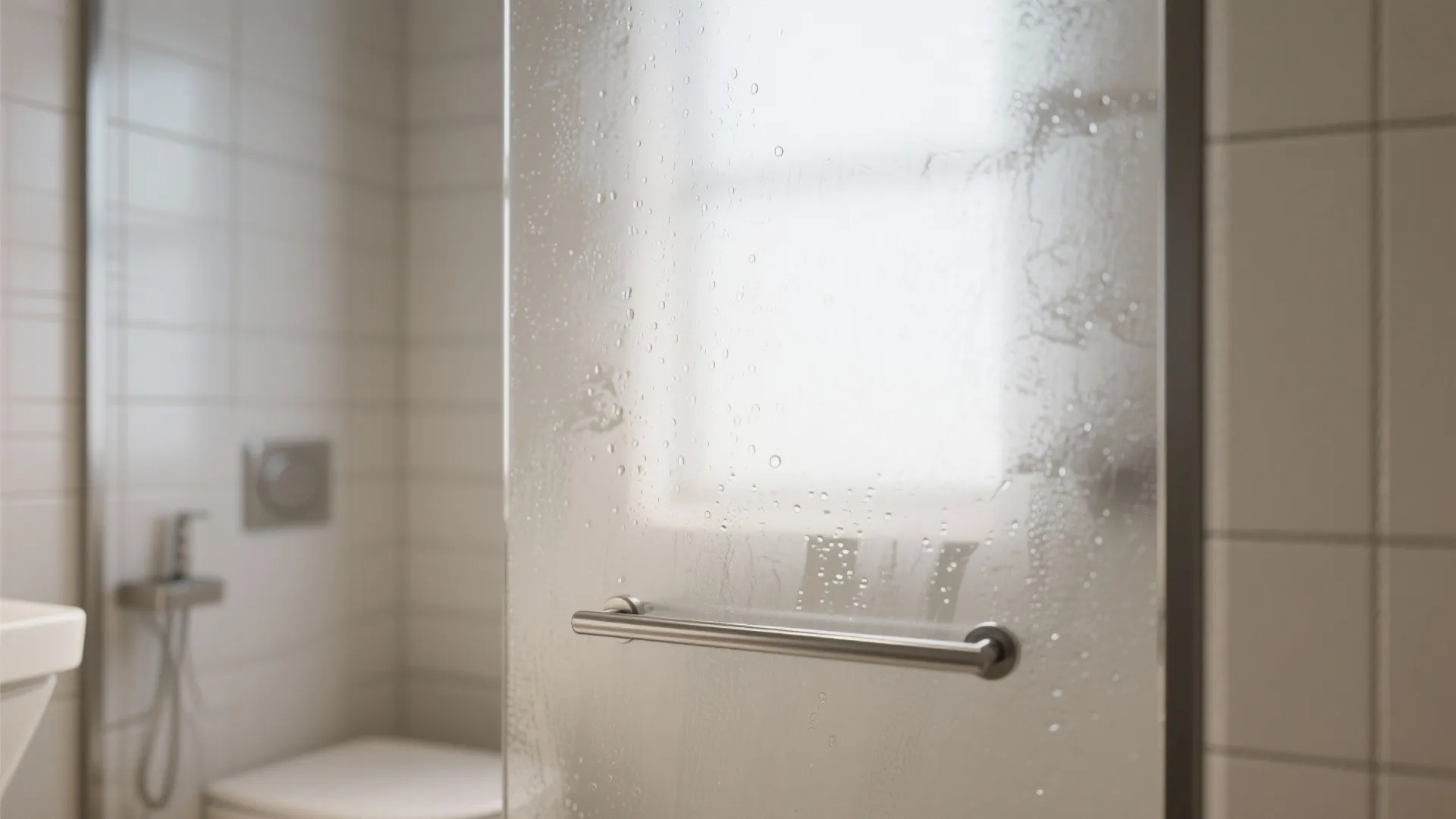 Close up of wet frosted glass shower door with water drops and a metal door handle