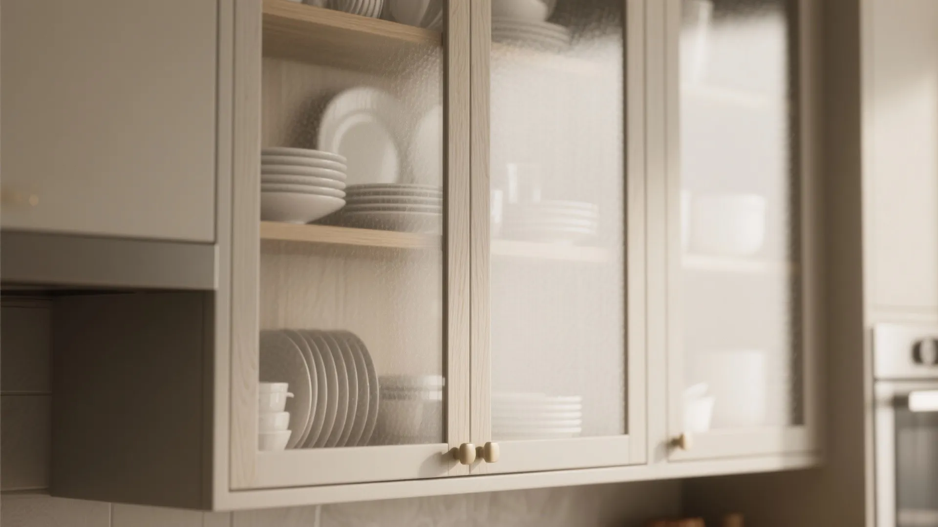Close up of kitchen wall cabinet with glass doors showing white plates on wooden shelves