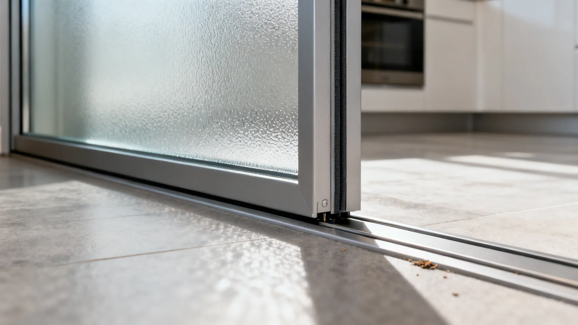 Macro of laminated frosted glass and slim aluminum frame with flush track.