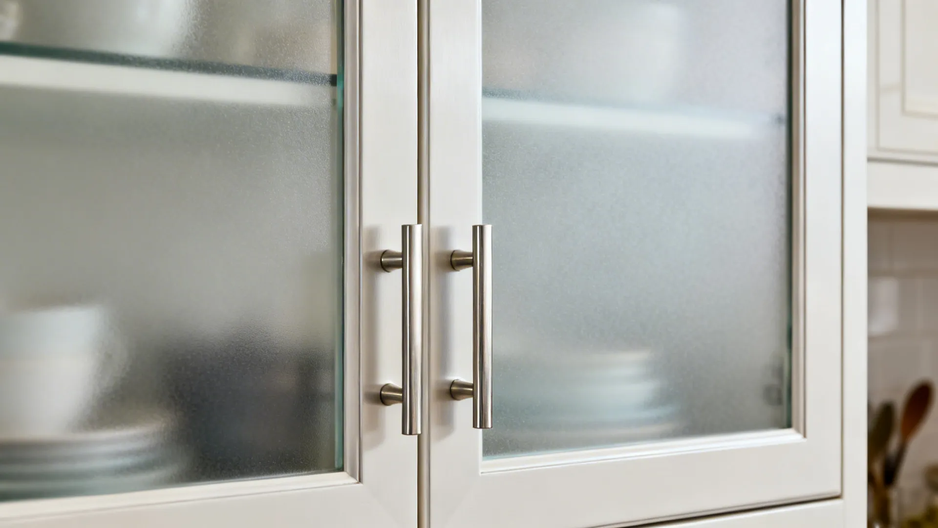 Macro of a frosted glass cabinet door with slim frame and soft reflections.