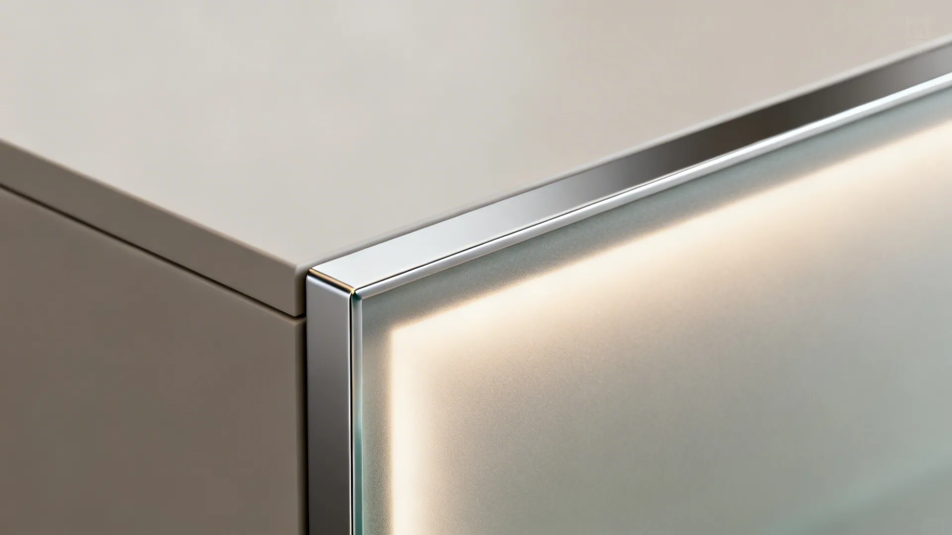 Macro detail of satin-etched tempered frosted glass with polished edge.