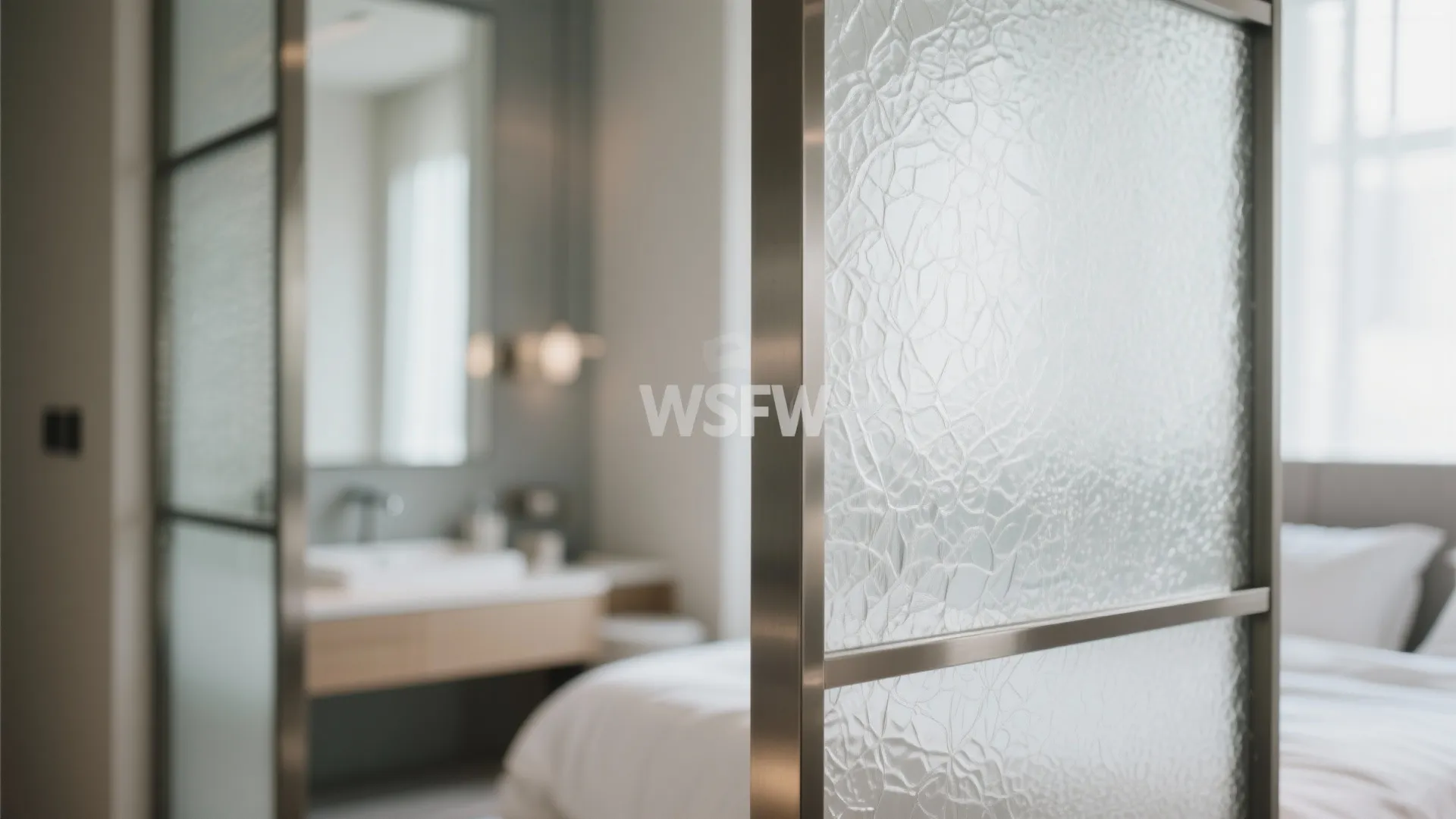 Close up of textured glass room divider between a bedroom and a blurred bathroom sink