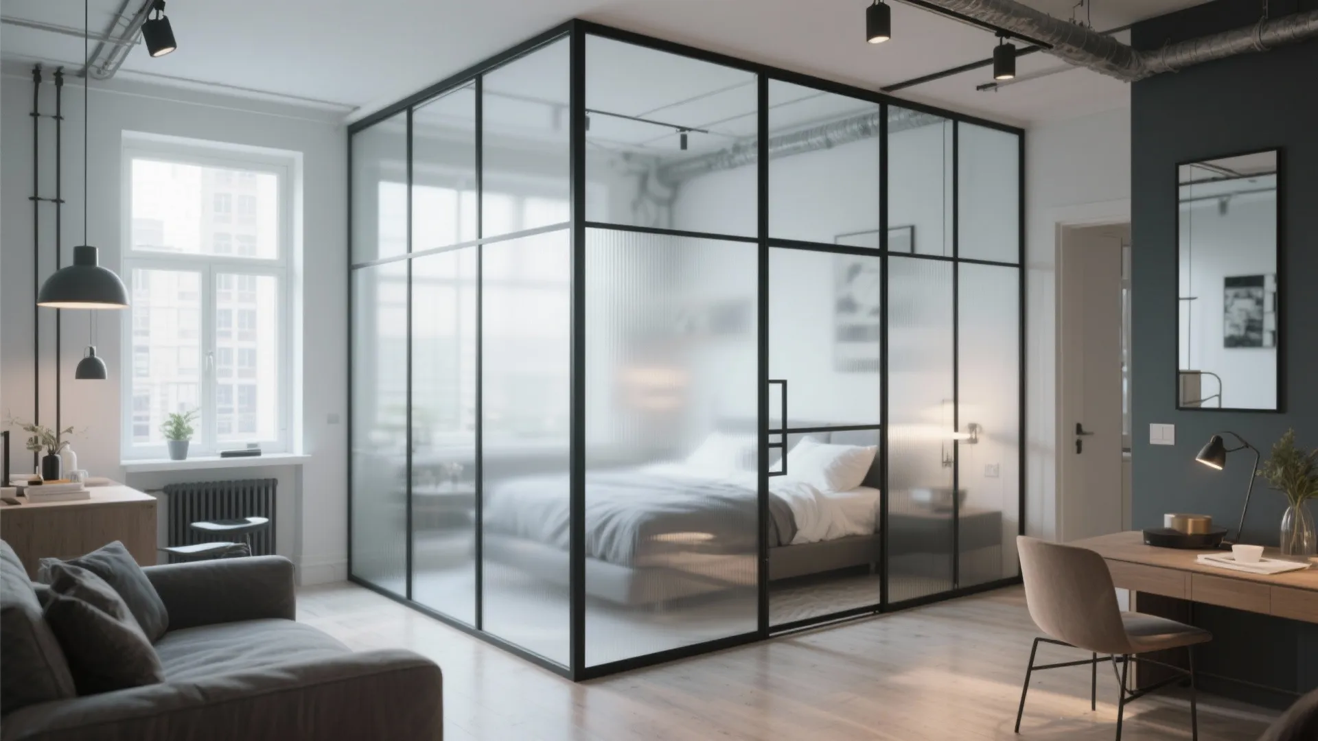 Frosted glass wall dividing bedroom and living space