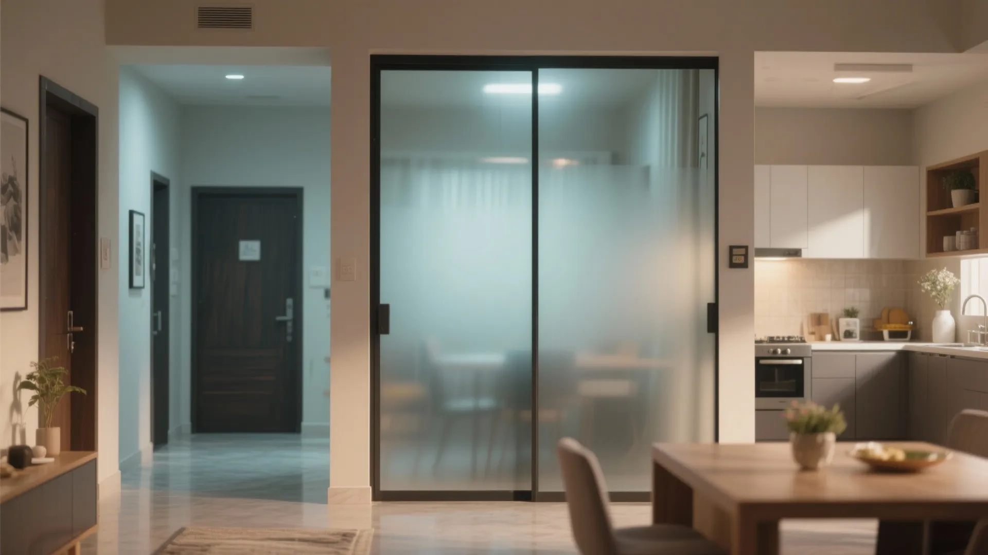 Modern apartment interior with black framed frosted glass sliding door between kitchen and hallway areas