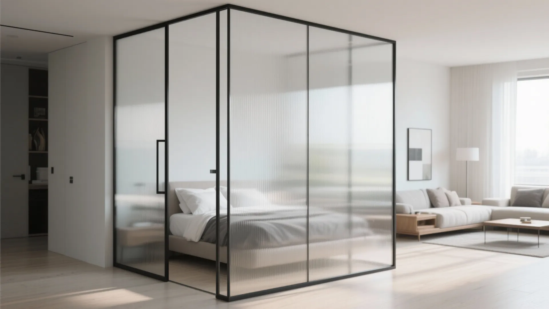 Frosted glass partition with black frame softly diffusing light and bed silhouette