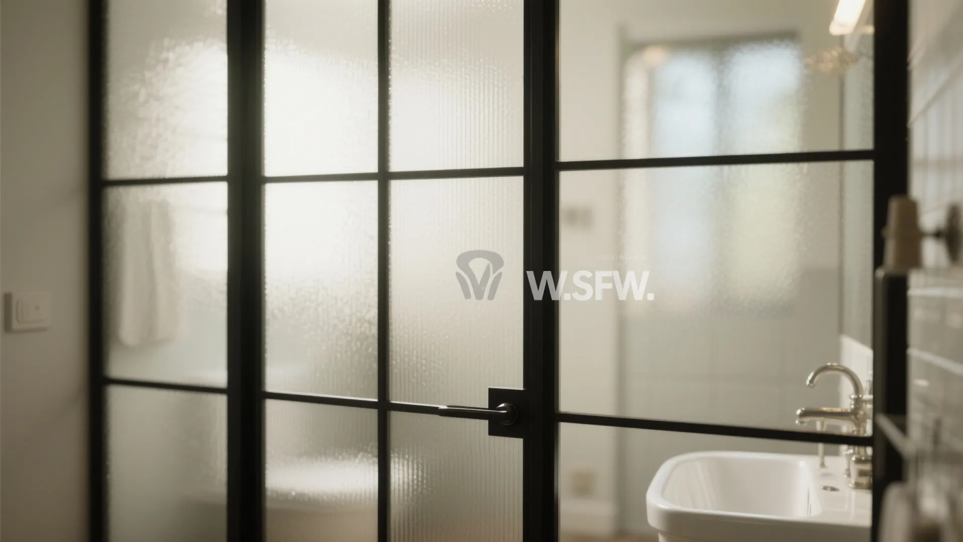 Black framed frosted glass bathroom door showing a white sink and silver faucet inside room
