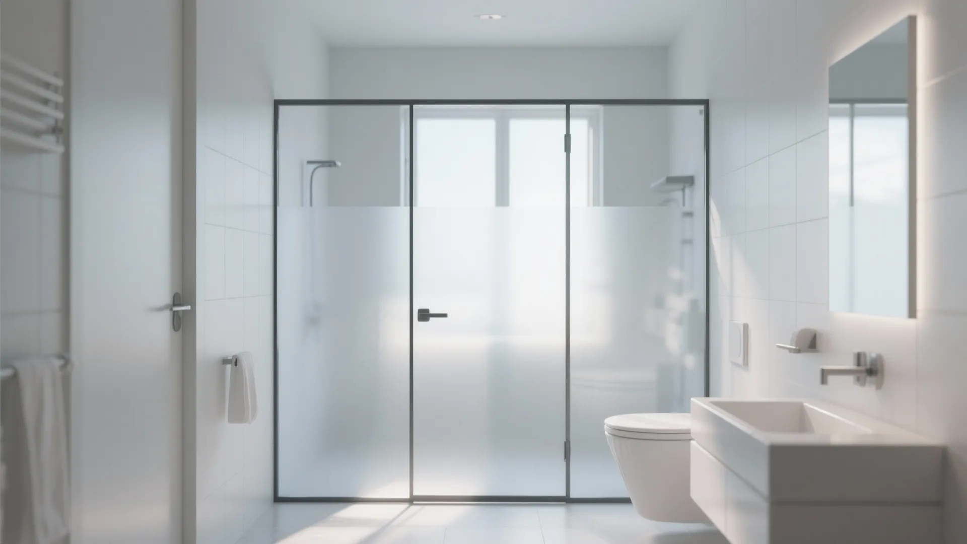 Modern white bathroom with frosted glass door partition wall mounted sink and toilet in light