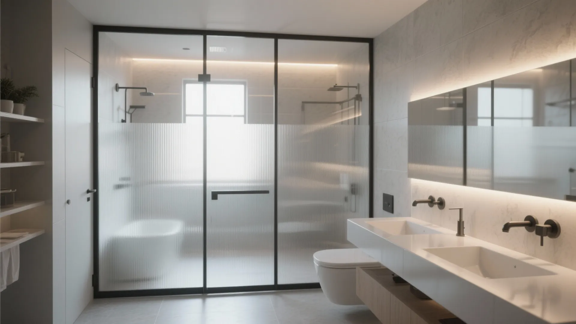 Modern bathroom with frosted glass shower door double white sinks large mirror and bright light fixture