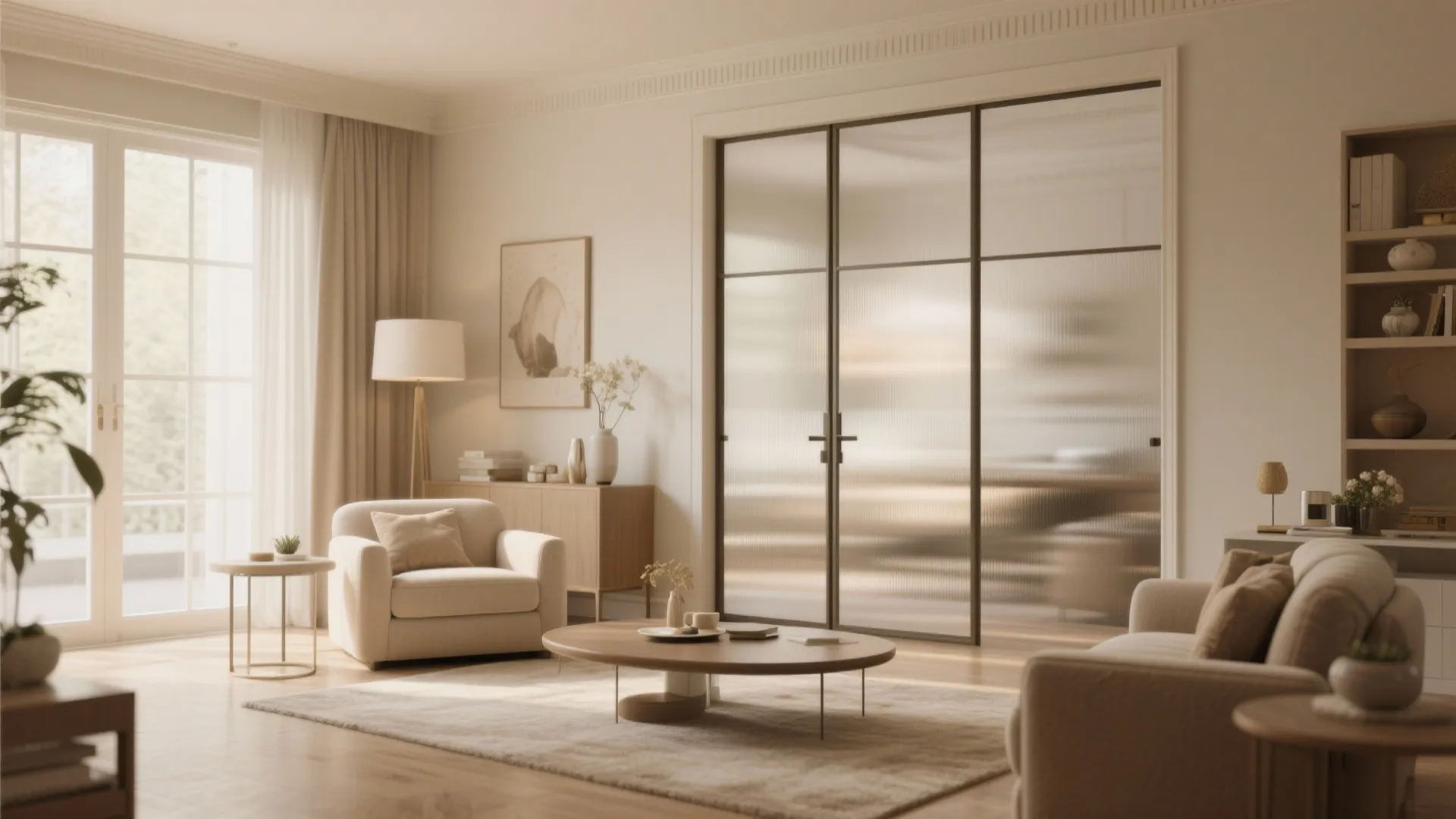 Elegant living room with frosted glass sliding doors plus one comfortable armchair and coffee table