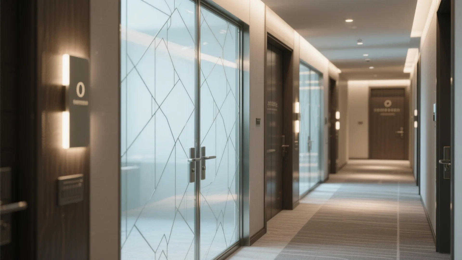 Office corridor featuring glass doors with geometric patterns and soft lighting on the side walls