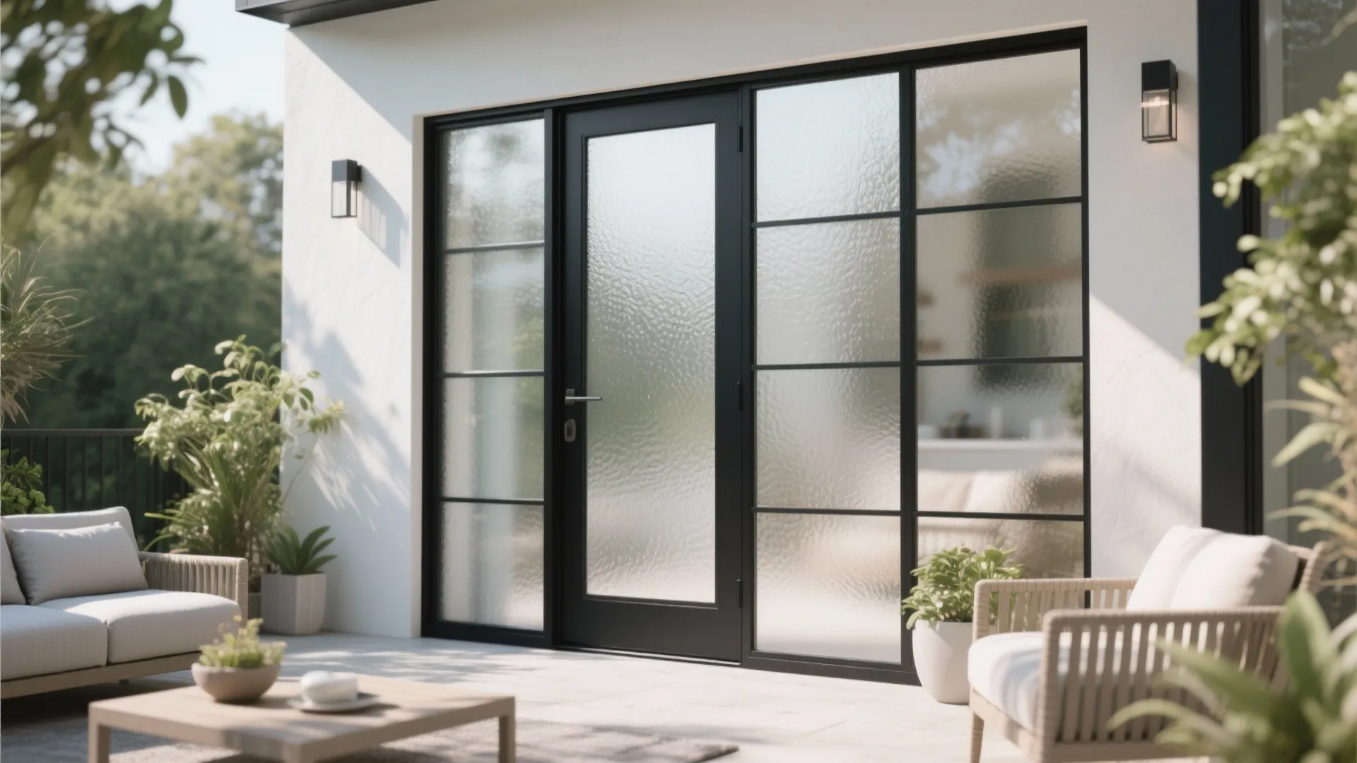 Modern black frame glass doors with frosted texture on a bright patio with outdoor furniture