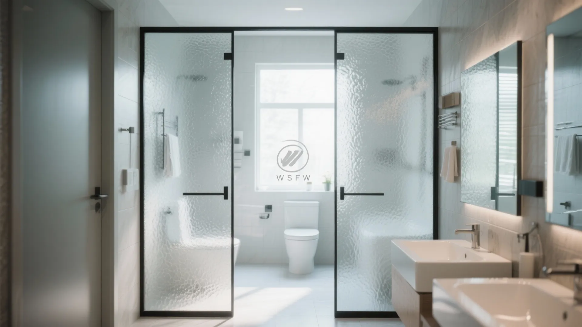 Modern bathroom interior with frosted glass sliding doors leading to a toilet and white sink