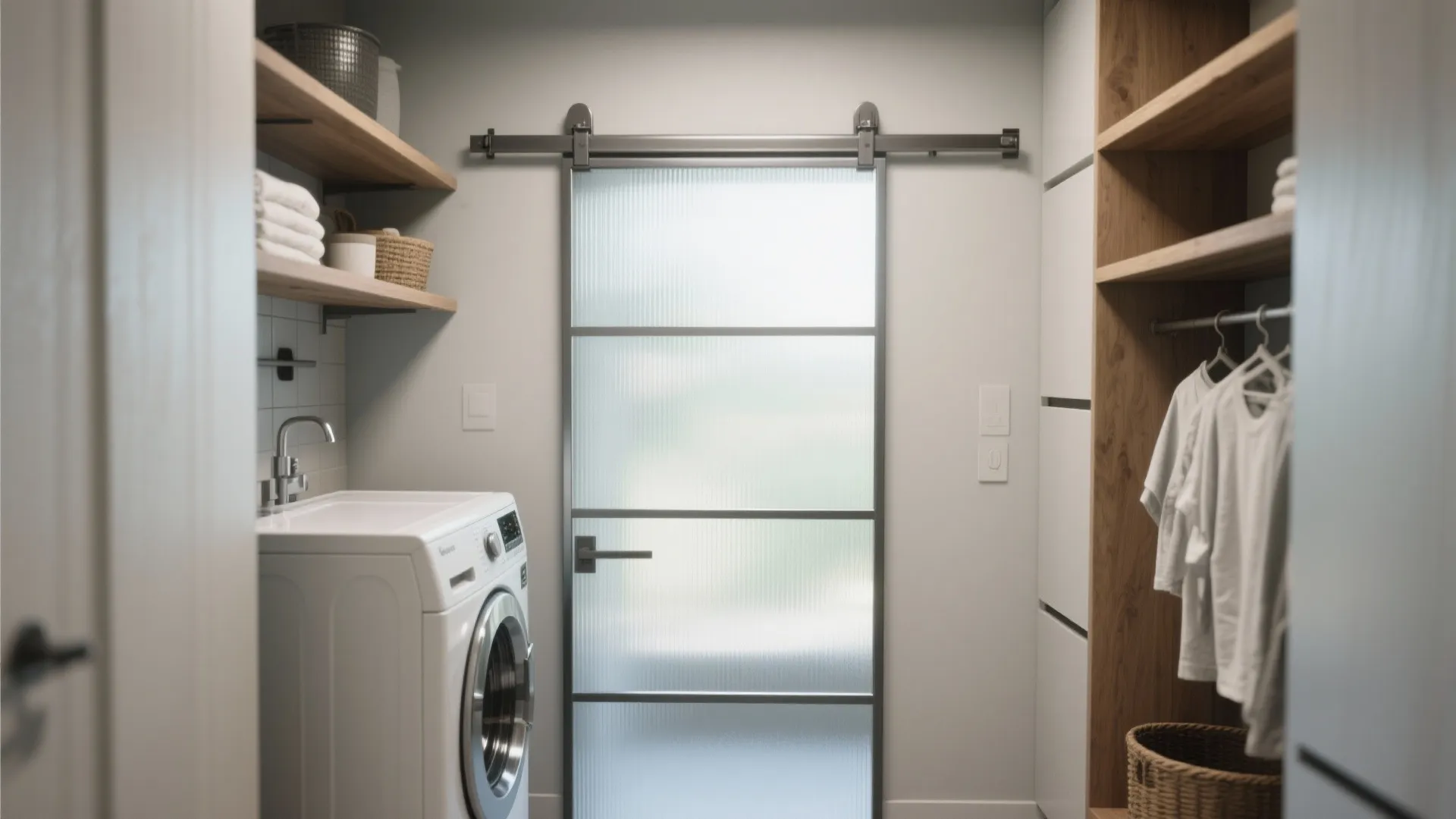 Modern laundry room with white washing machine and frosted glass sliding door leading to closet