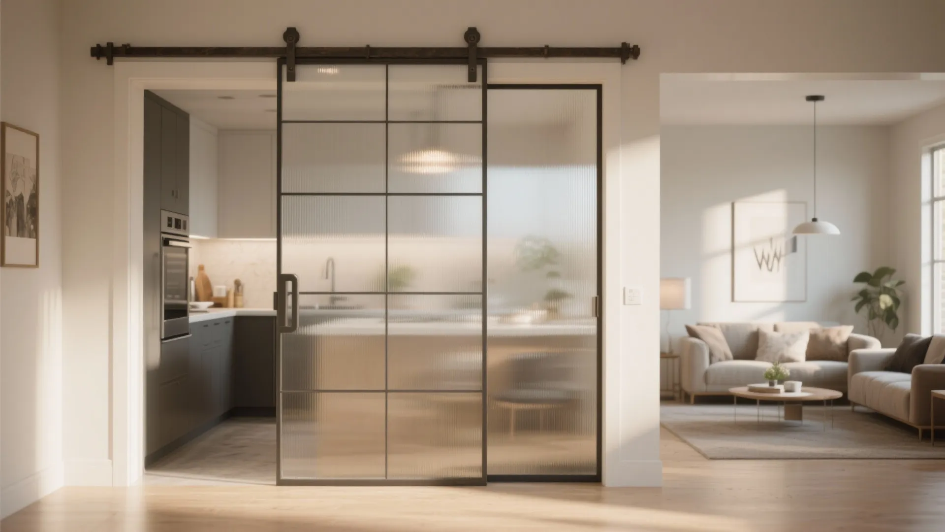 Sliding glass door with black frame separating a modern kitchen and a bright living room