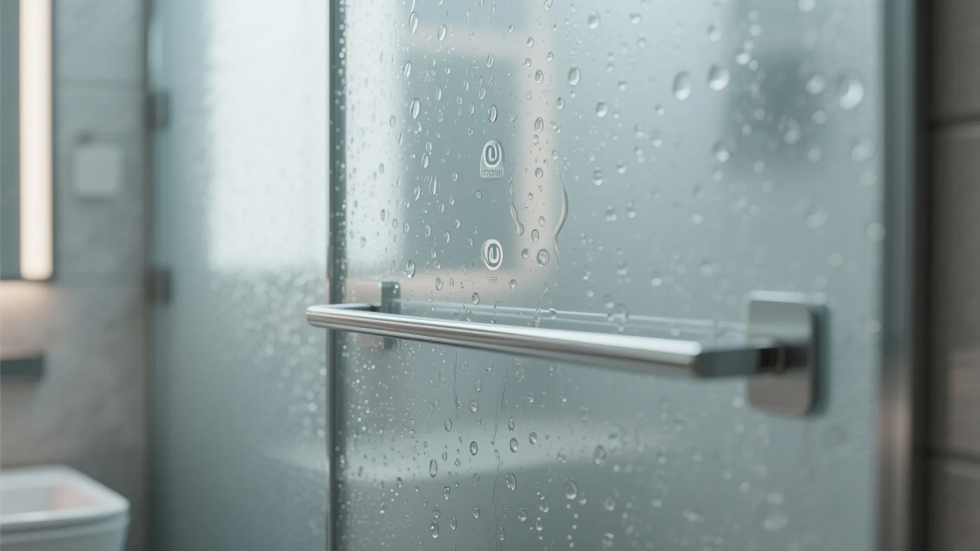 Modern bathroom shower glass door with water droplets showing a metal handle and frosted texture