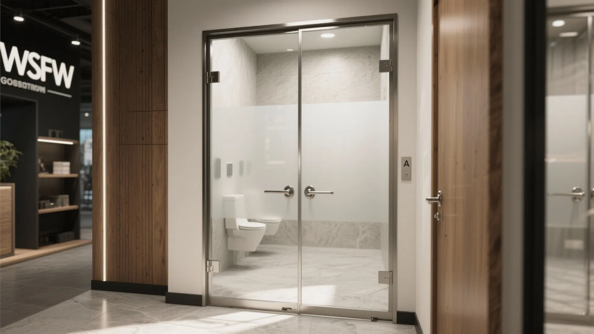 Double glass doors with frosted film opening into a modern bathroom with a white toilet