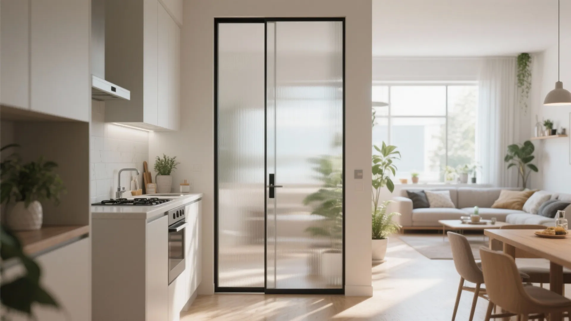 Modern kitchen and living room featuring a black metal frame frosted glass sliding barn door