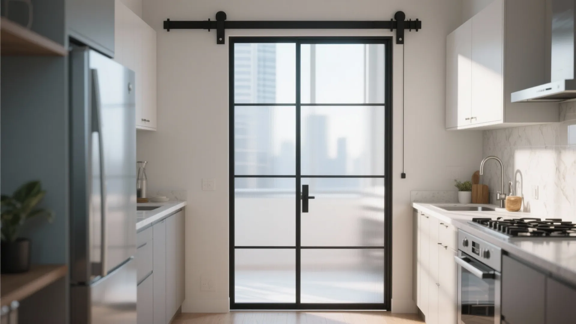 Condo kitchen with a frosted glass sliding barn door diffusing daylight into the cooking area.