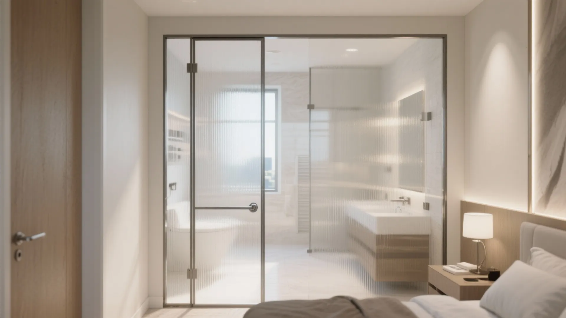 Bedroom view looking into a bathroom with textured glass door wooden cabinet and bedside lamp