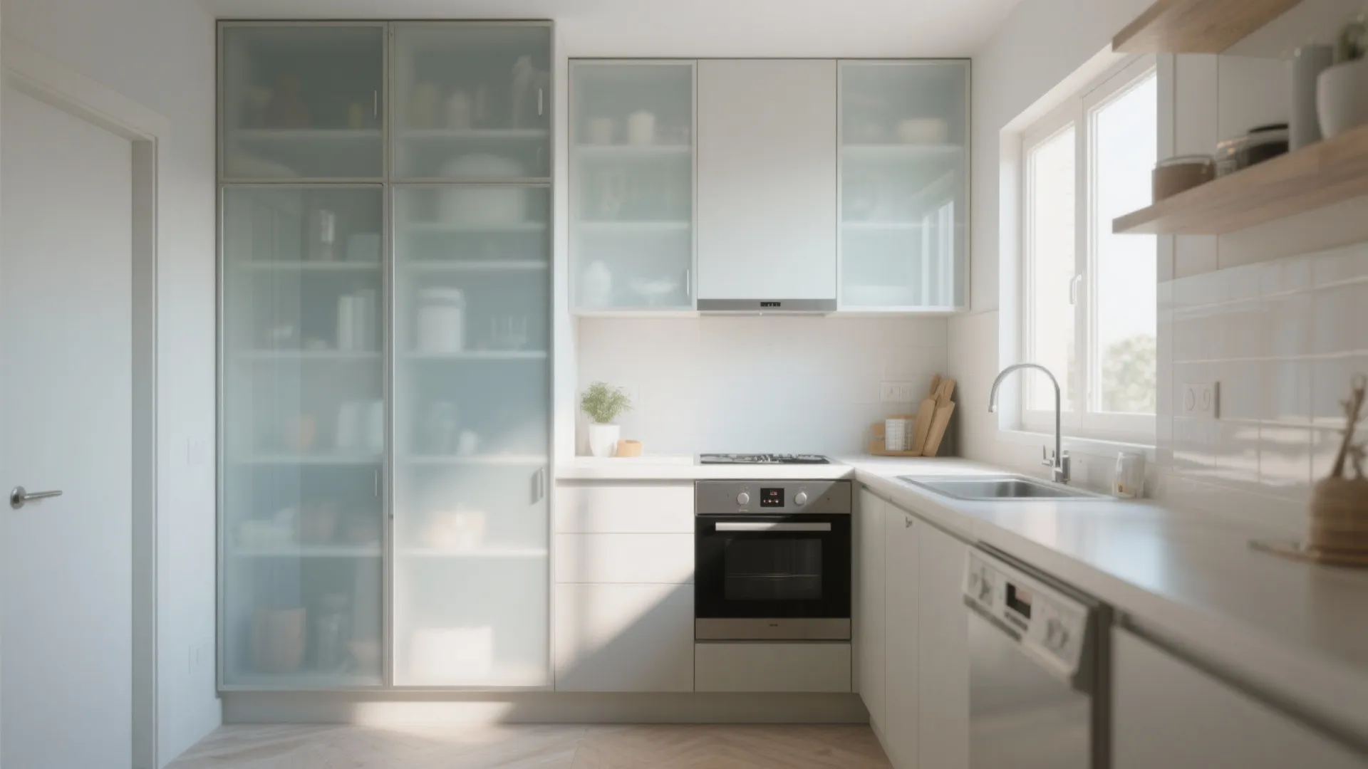 Modern white kitchen with frosted glass cabinet doors plus silver oven and bright natural window
