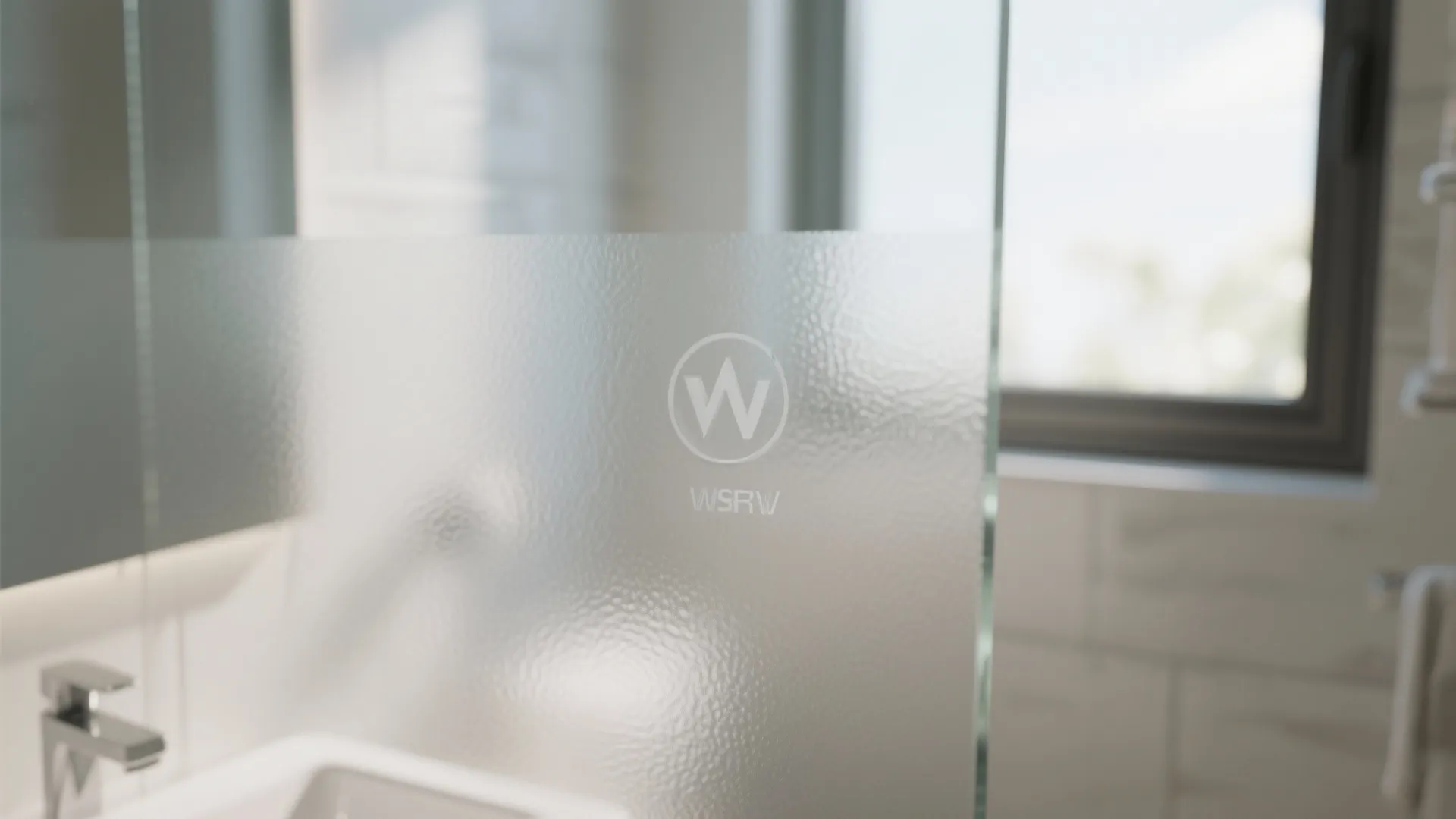 Modern bathroom with frosted glass window film for privacy next to a white ceramic sink