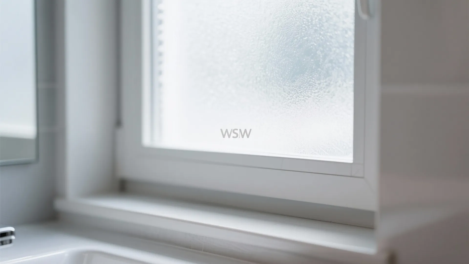 Close up of a white window frame with frosted glass film in a bright bathroom