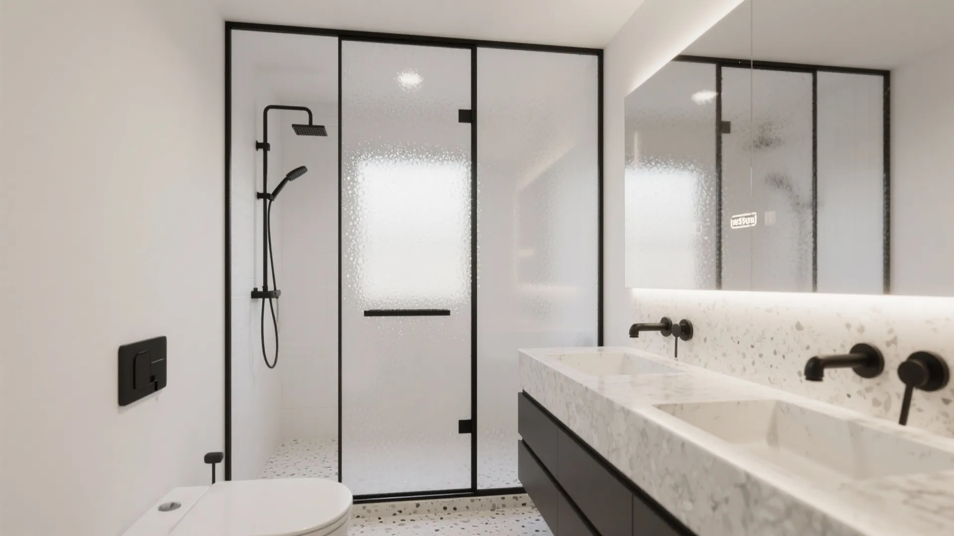 Luxury bathroom interior featuring frosted glass shower door marble double sink and black wall taps