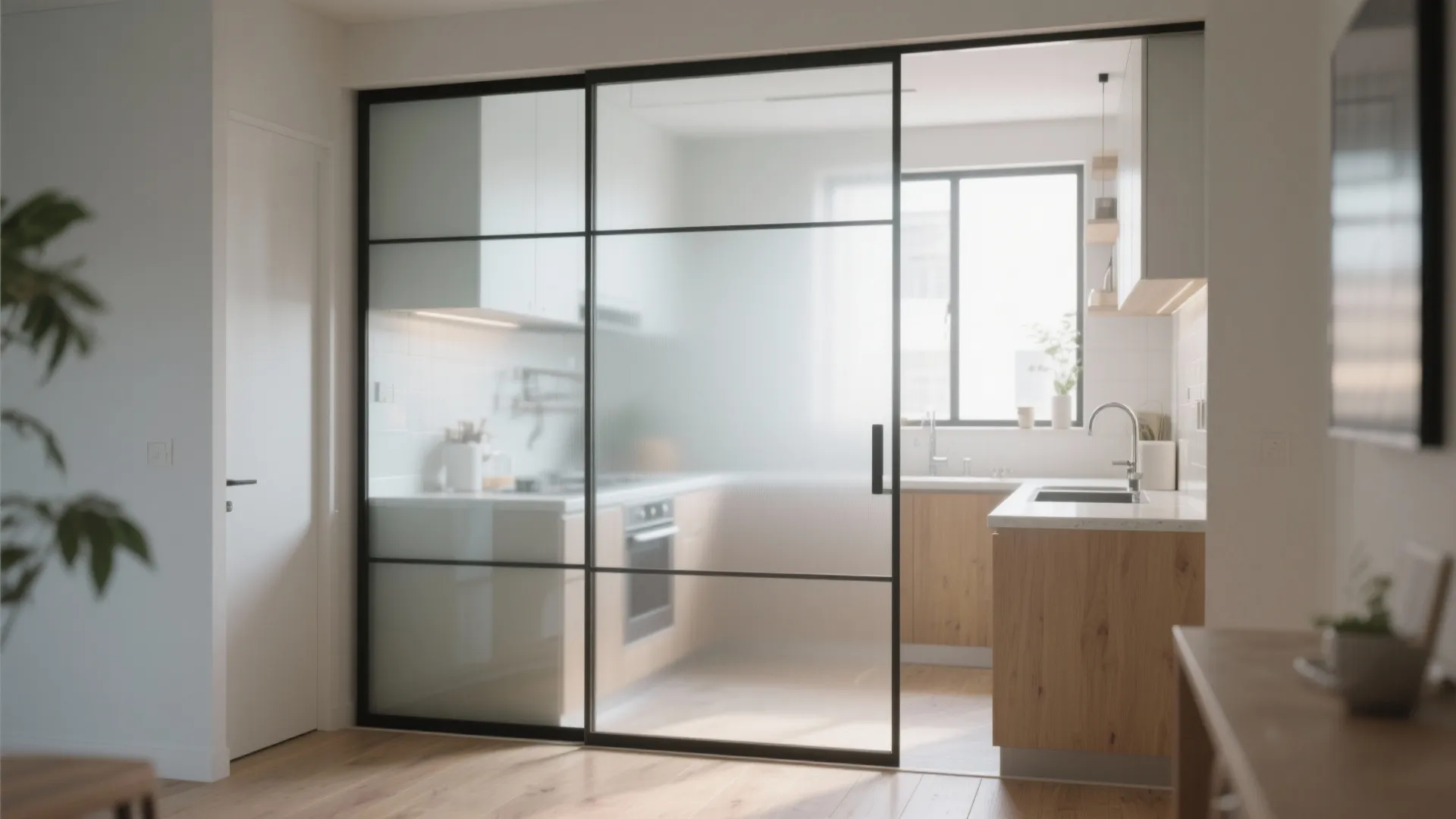 Kitchen area separated from living space by a black frame glass sliding door and wooden