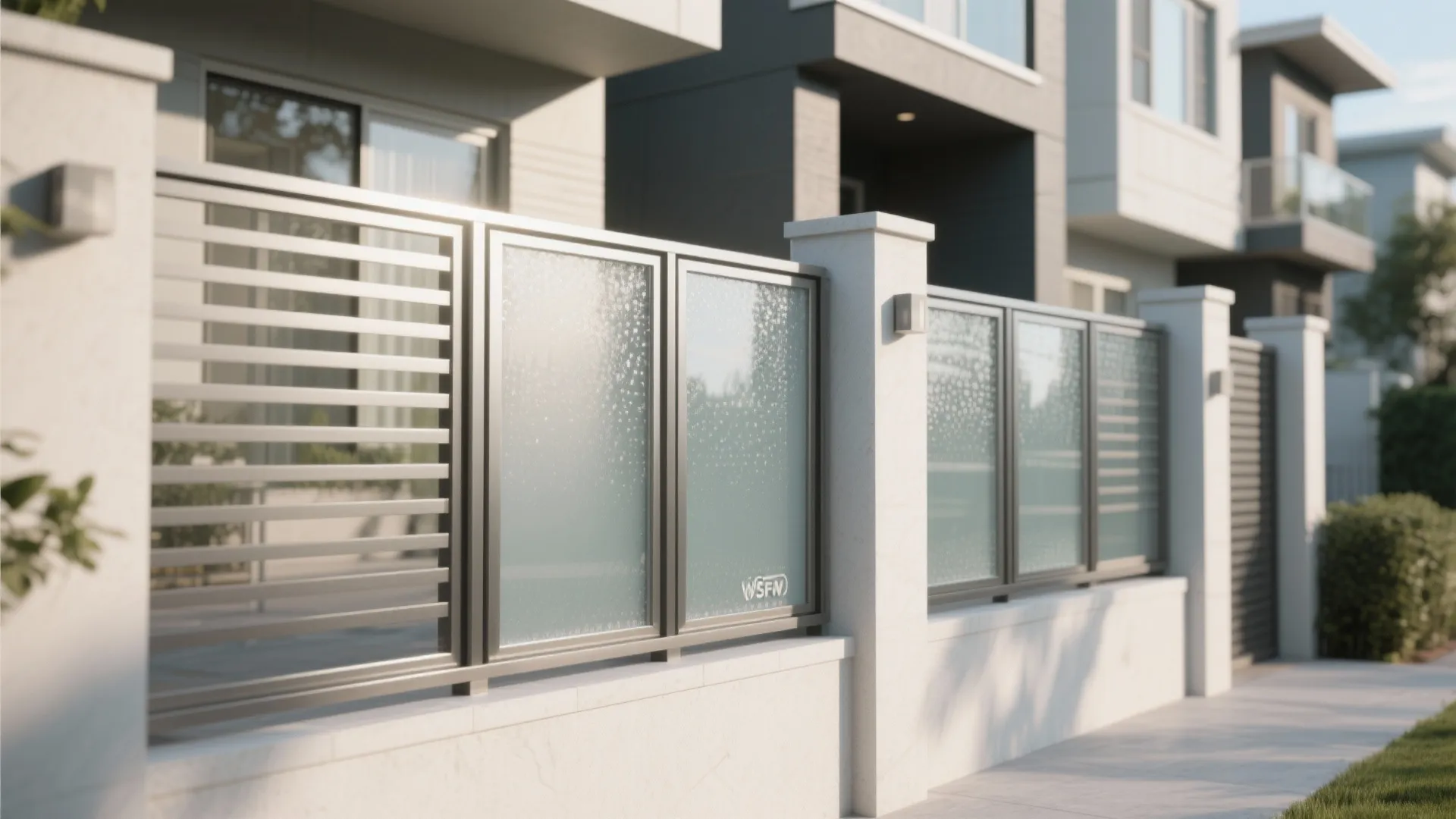 Modern residential boundary fence featuring frosted glass panels and metal frame under bright natural light