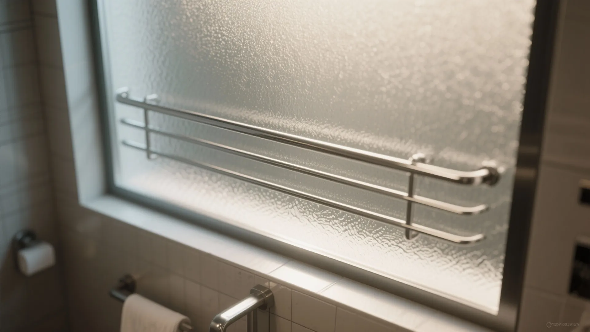 Close up of a window with frosted glass and a simple horizontal metal security bar