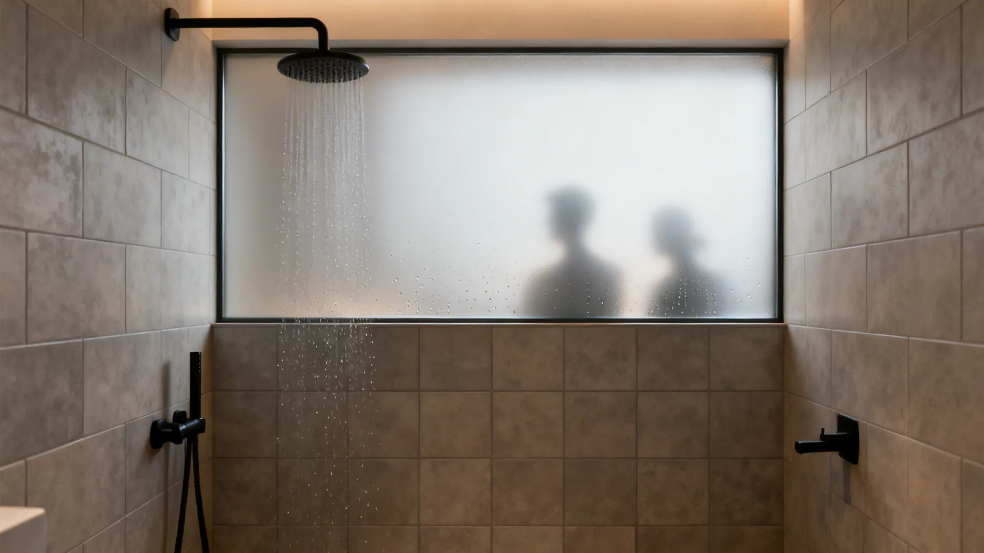 Walk-in shower with a half wall topped by frosted glass, providing privacy and soft light diffusion.