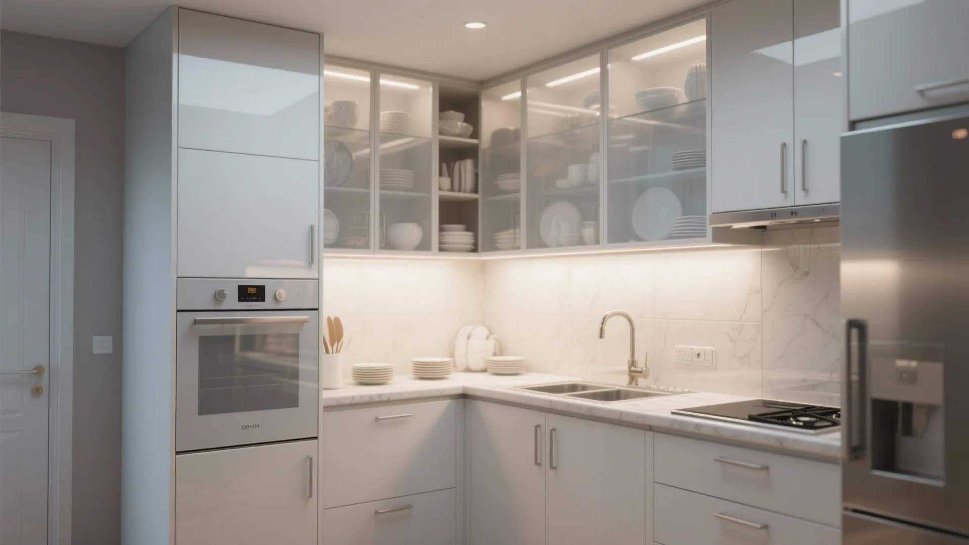 Modern white kitchen with glass front cabinets grey oven marble countertop sink and bright lighting