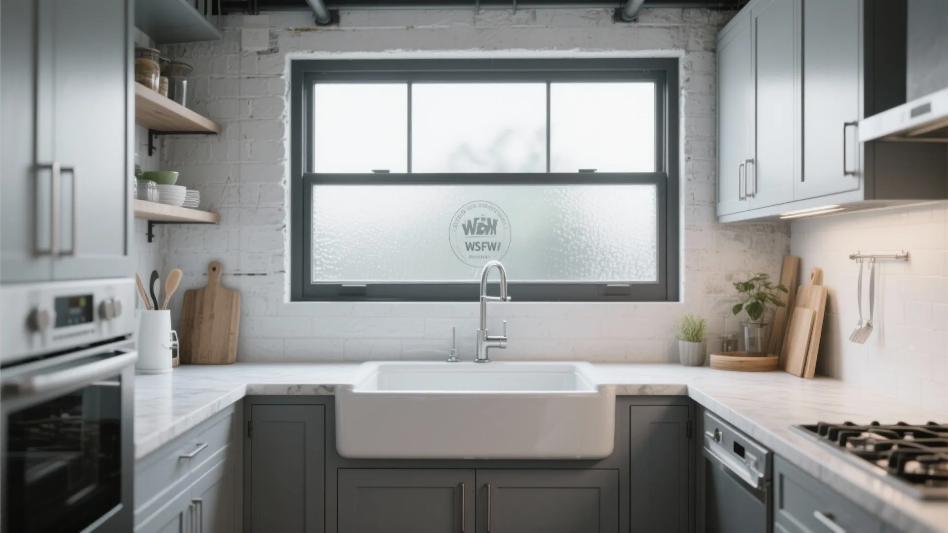 Modern kitchen with gray cabinets white marble countertop white sink and frosted glass window design