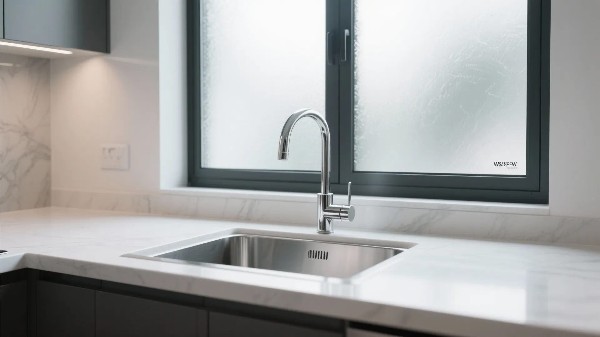 Minimalist kitchen with stainless steel sink marble countertop black window frame and frosted glass for privacy