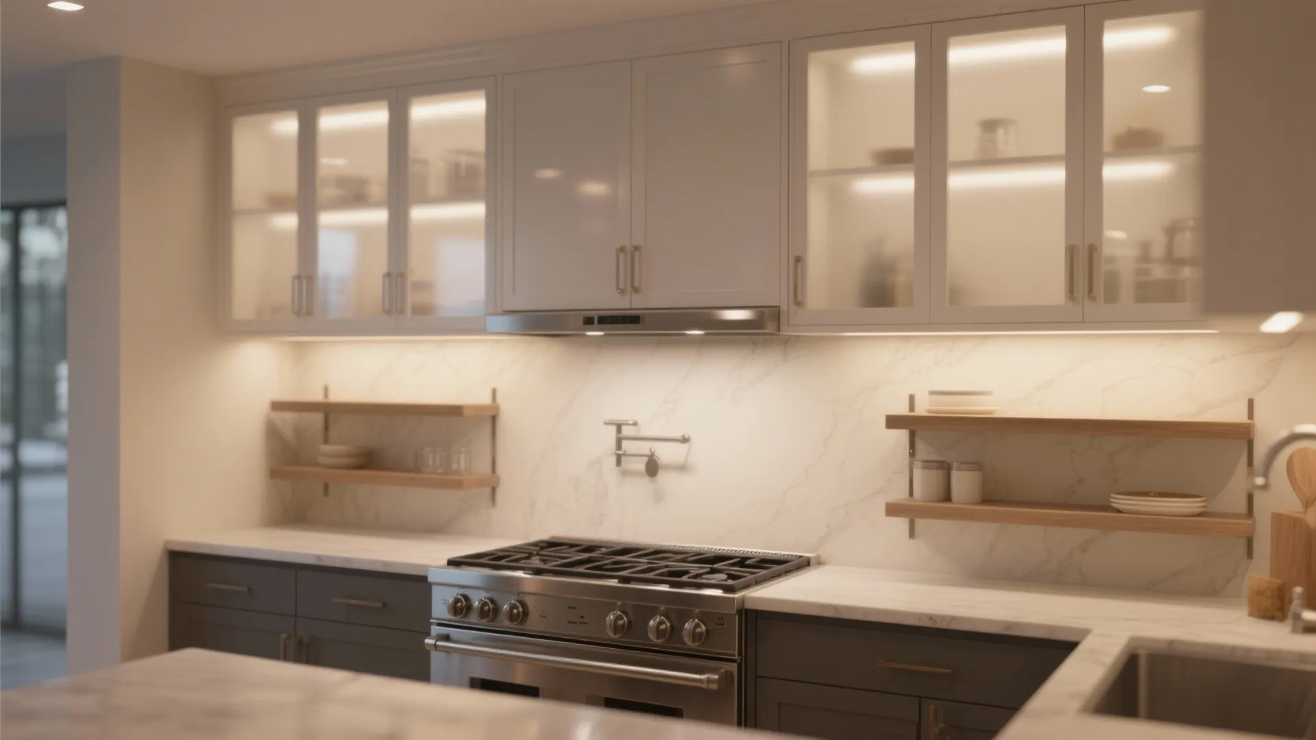 Kitchen with frosted glass upper cabinets softly diffusing light while concealing contents.
