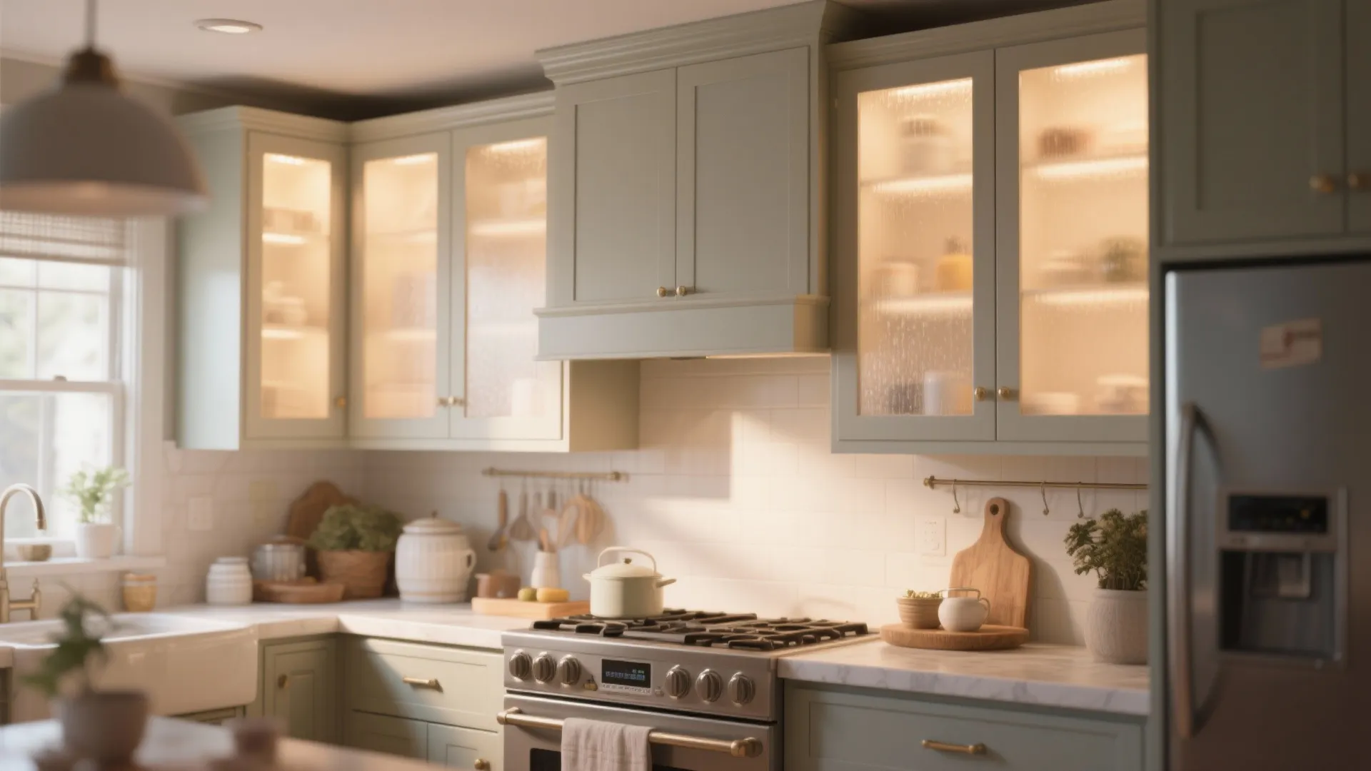 Family kitchen with frosted-glass cabinets softly diffusing light and hiding dishware.