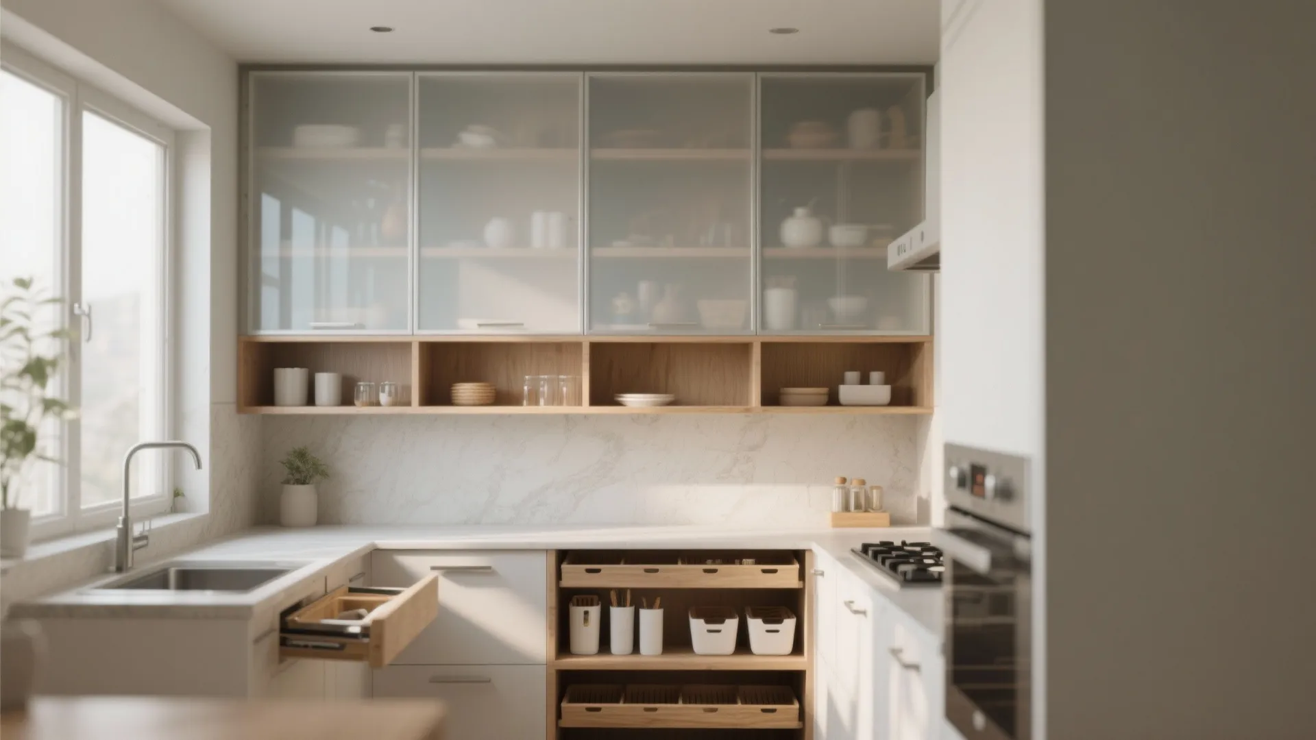 White kitchen featuring frosted glass cabinets, wooden storage shelves, marble backsplash, and a large window